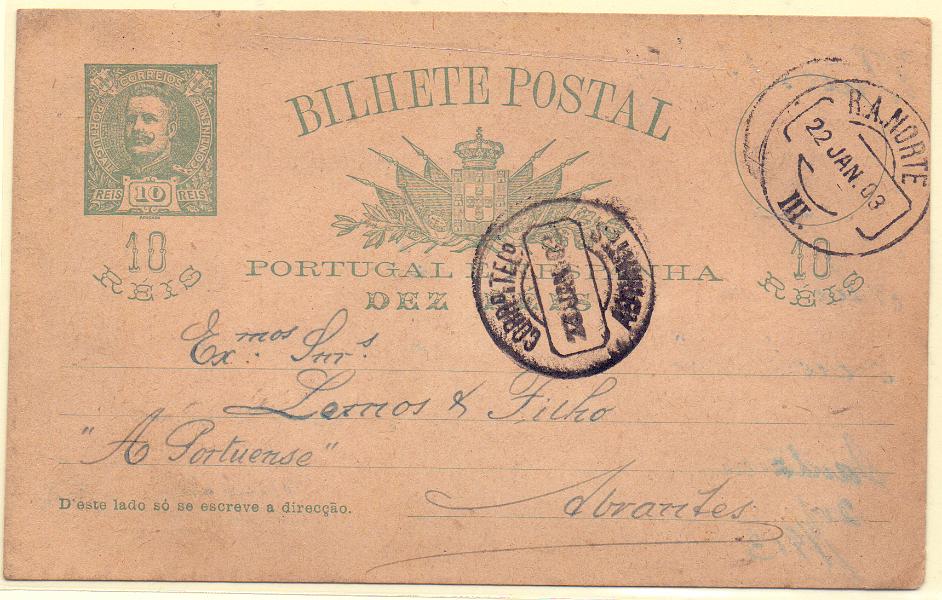0196 f.jpg -     Lote:    196 (frente)            Portugal       Descrição:         1896 &mdash; D. Carlos I Mouchon. OM23, 10 reis. Circulado pela Ambulância R. A. Norte III (22.01.03) para Abrantes. Repicado por "CAMINHOS DE FERRO PORTUGUEZES / SERVIÇO DE FISCALIZAÇÃO E ESTATISTICA".         IC       Valor Base:     &euro; 15,00     Valor Venda:     &euro; 20,00     